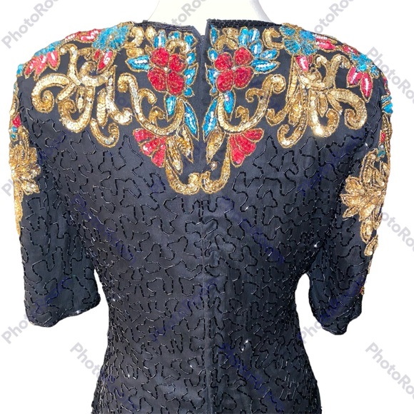 Vtg Scala Milan Paris LA Beaded Sequin Blk Silk SS Dress Size M India Semi Sheer - Picture 8 of 12